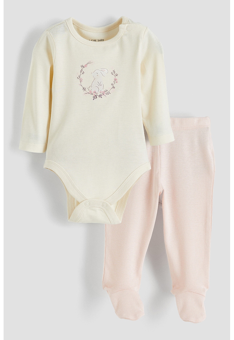 Set de body cu maneci lungi si pantaloni cu imprimeu grafic - 2 piese - Galben pai/Roz pal
