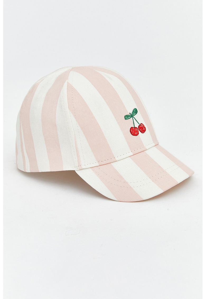 Sapca baseball cu model in dungi si cireasa brodata - Alb/Roz pastel