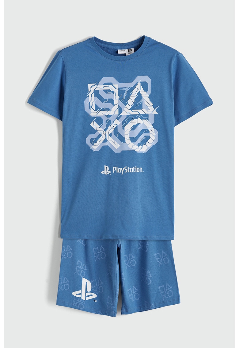Pijama scurta din bumbac - Alb/Albastru