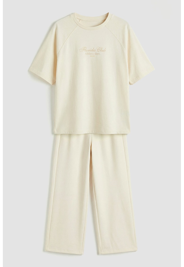 Set de tricou cu maneci scurte si pantaloni - 2 piese - Crem