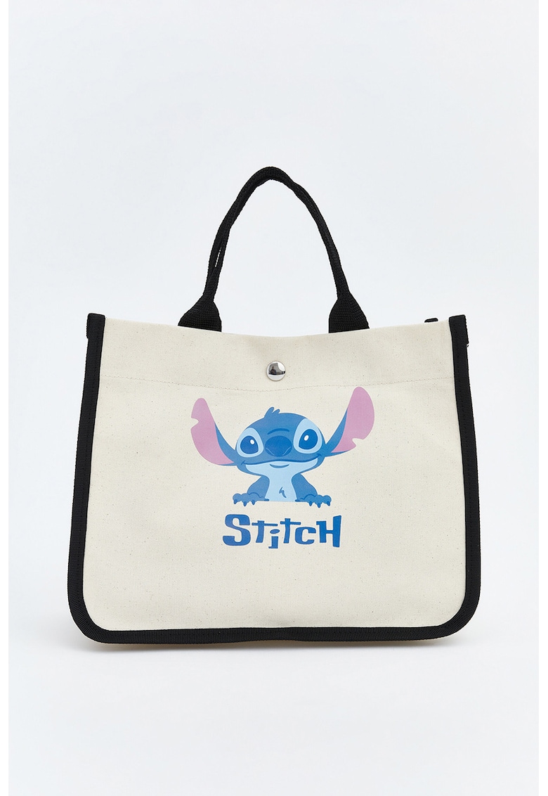 Geanta shopper din panza cu imprimeu cu Stitch - Alb fildes/Negru/Albastru deschis