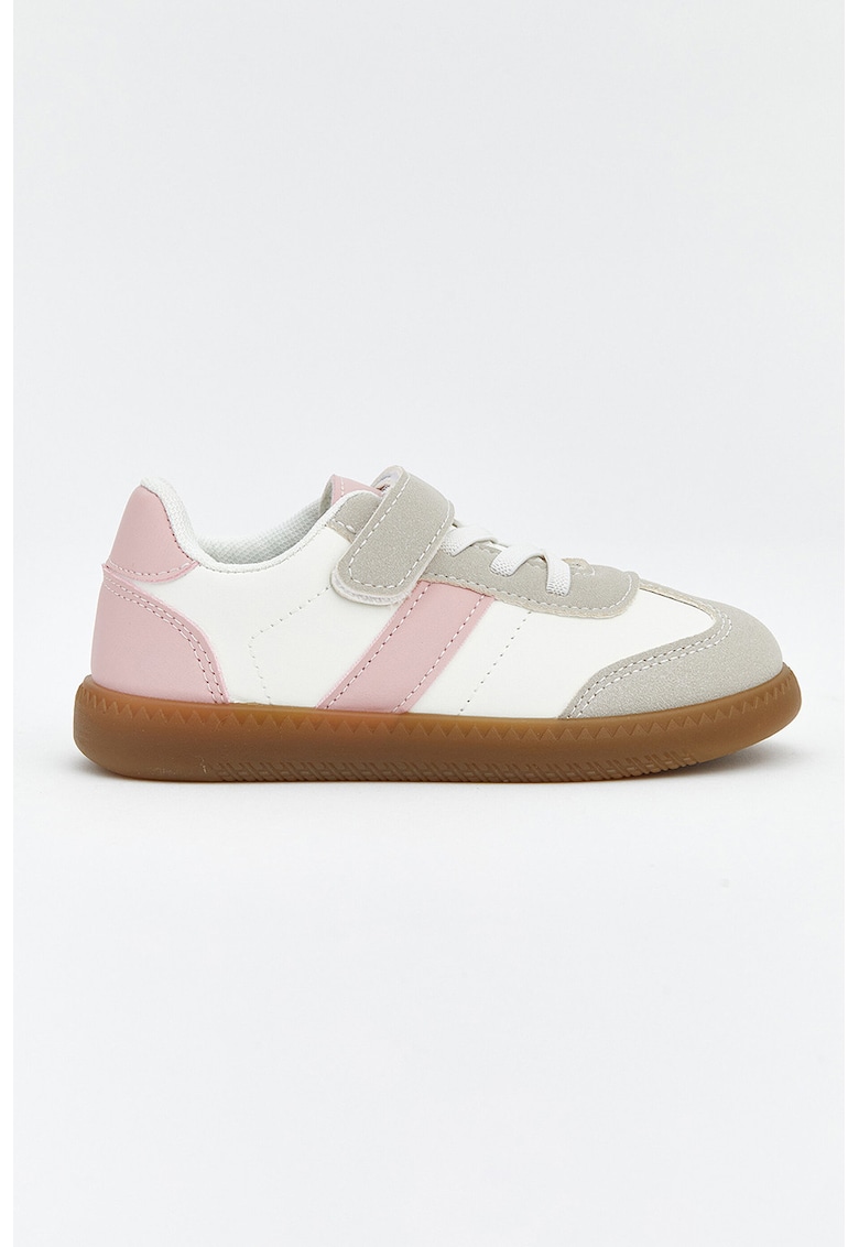 Pantofi sport din piele ecologica cu sireturi elastice - Alb/Roz pastel/Grej