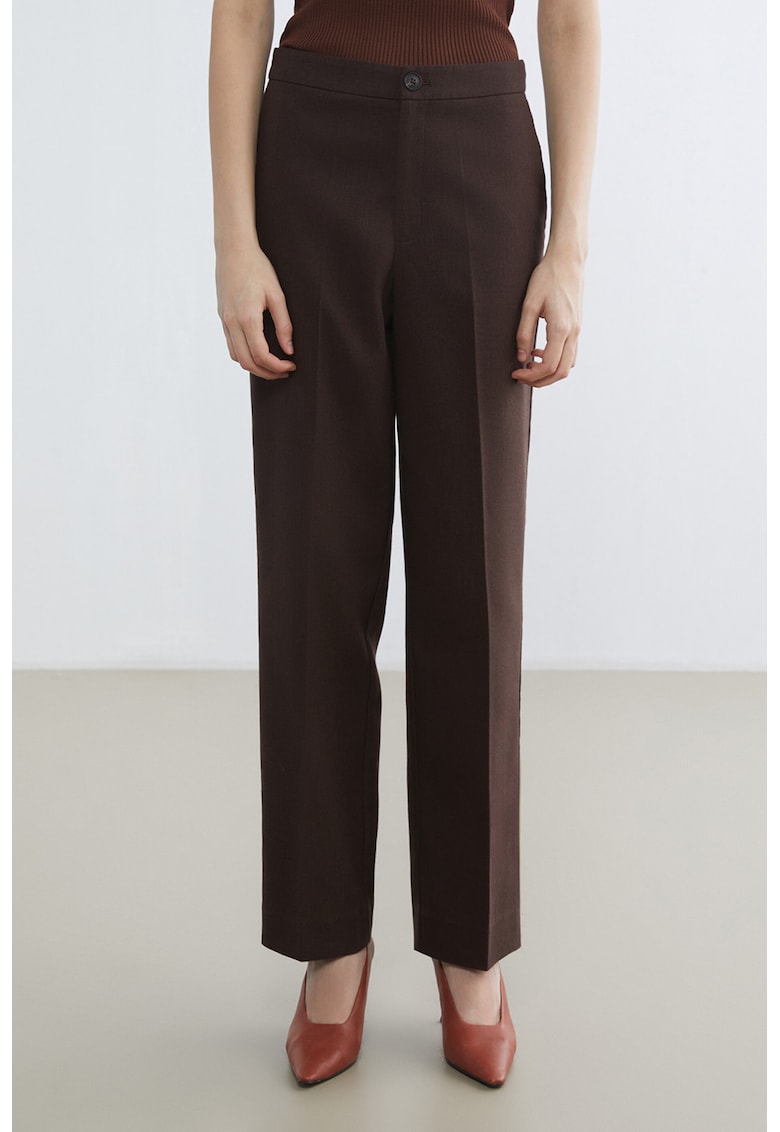 Pantaloni Chino din amestec de in cu croiala dreapta si pliuri - Maro pamantiu