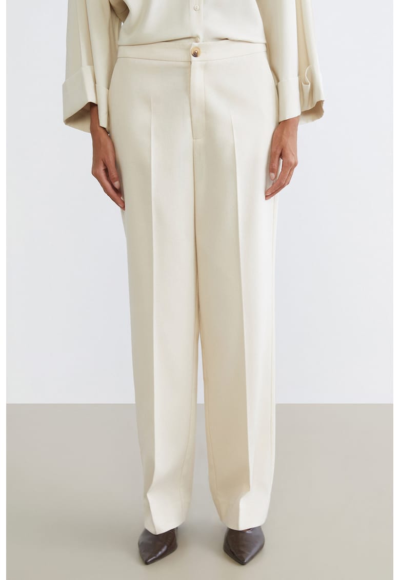 Pantaloni Chino din amestec de in cu croiala dreapta si pliuri - Crem