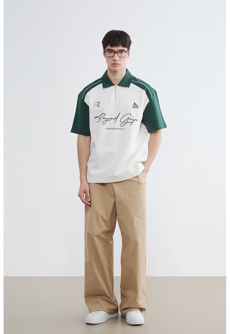 Tricou polo din amestec de bumbac cu model grafic - Verde englez/Alb optic