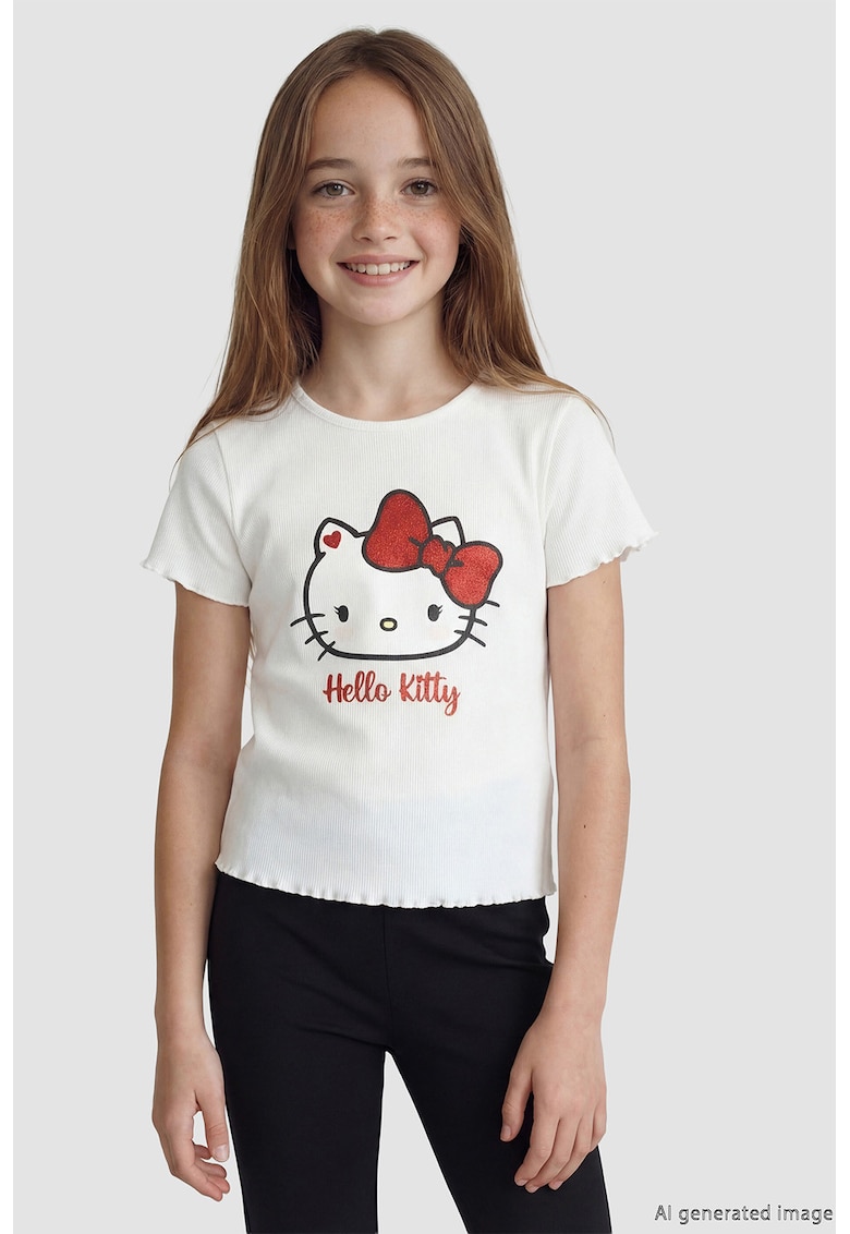 Tricou striay cu model tematic Hello Kitty - Alb optic