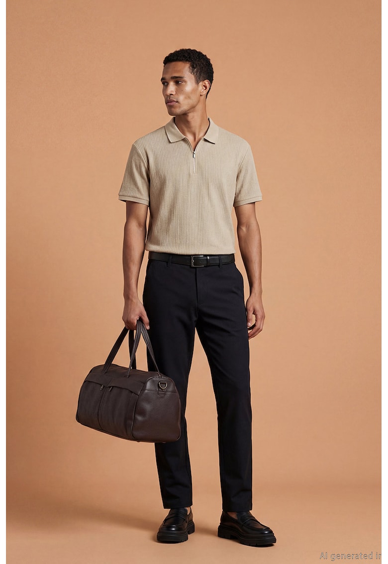 Tricou polo tricotat cu fenta scurta cu fermoar - Maro camel