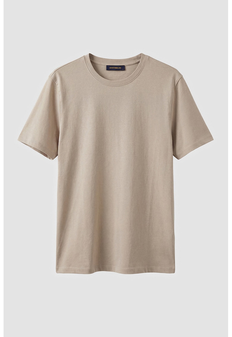 Tricou uni din bumbac cu decolteu rotund - Maro nisip