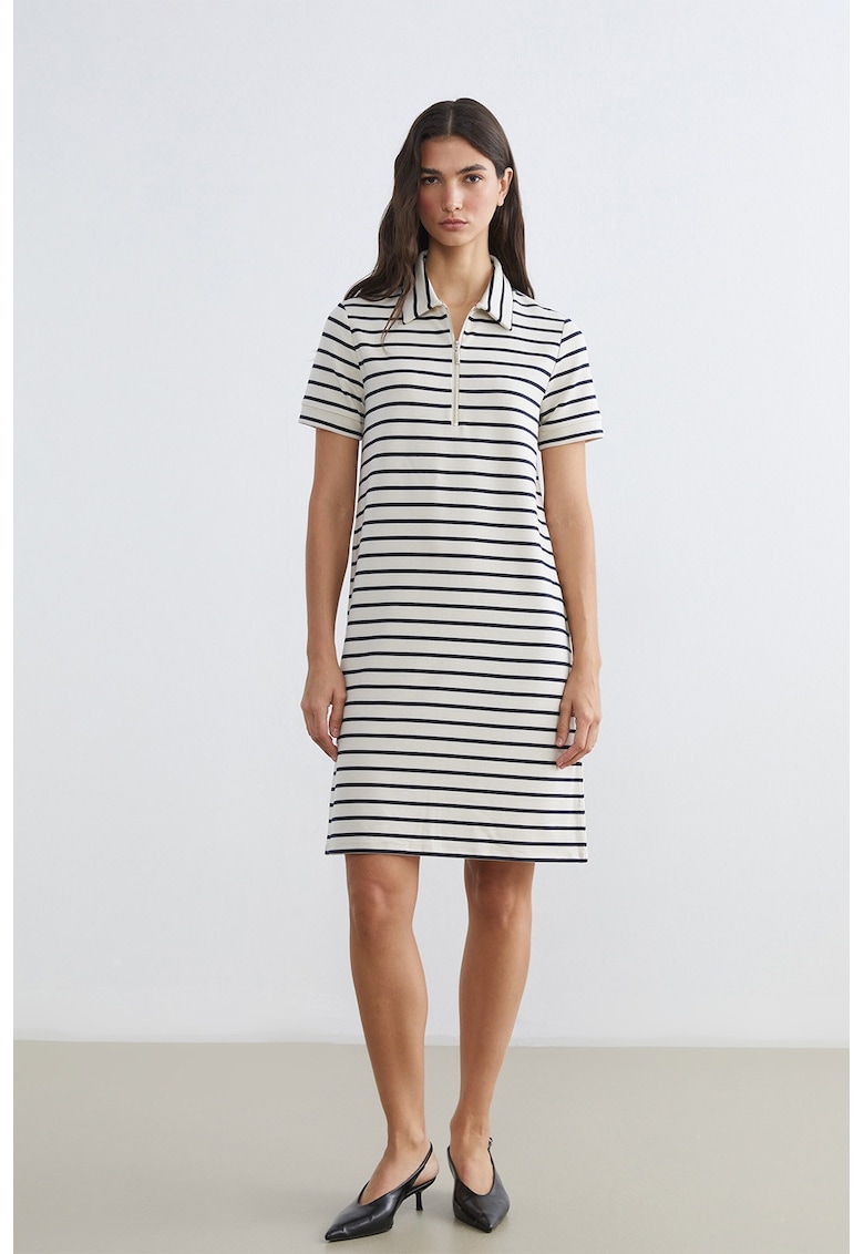 Rochie cu model in dungi si maneci scurte - Alb/Bleumarin