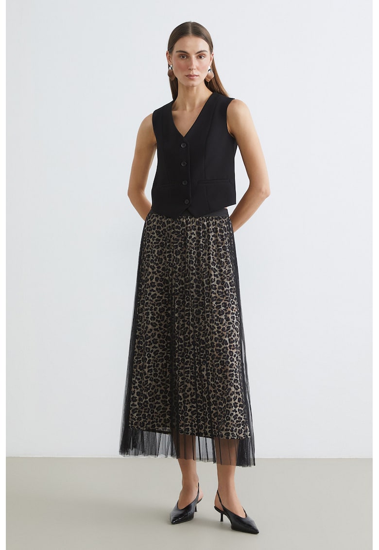 Fusta lunga cu animal print - Negru/Maro taupe