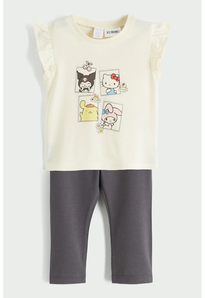 Set de tricou cu imprimeu si colanti lungi - Alb fildes/Gri inchis