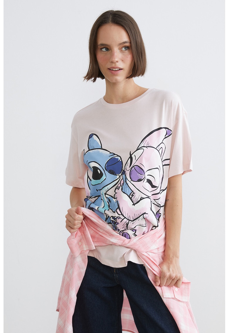 Tricou cu imprimeu Stitch - Albastru pastel/Roz pastel