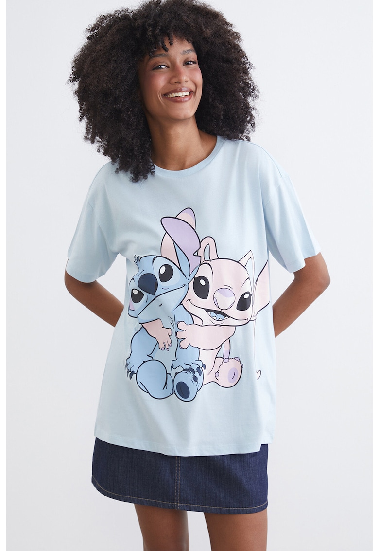 Tricou de bumbac cu imprimeu Stitch&Angle - Albastru pastel/Roz pastel