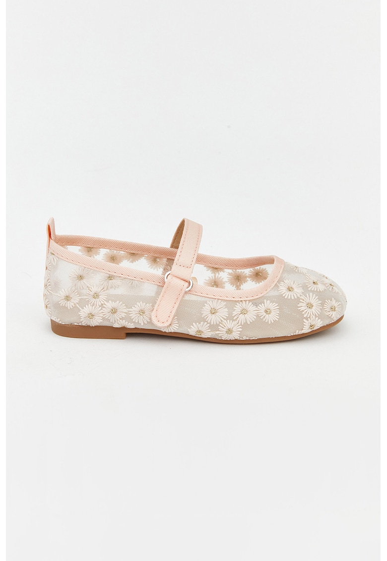 Balerini Mary Jane cu broderie - Alb fildes/Piersica