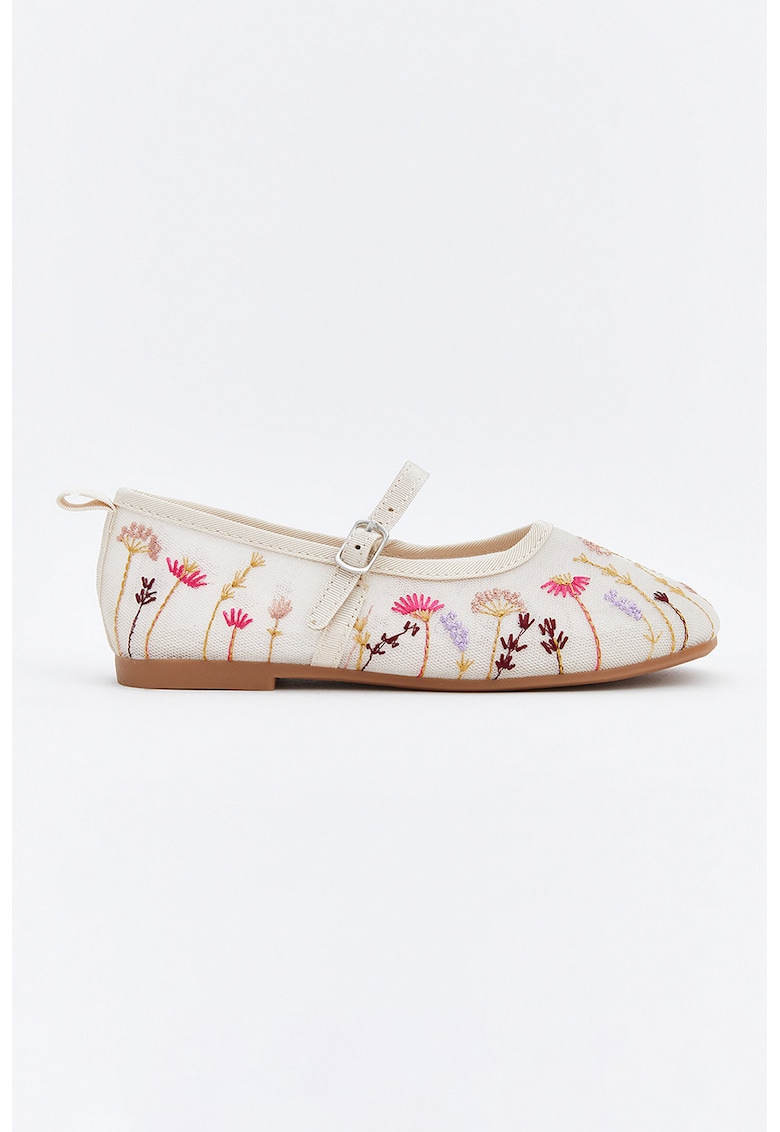 Balerini de panza cu varf patrat si broderie - Visiniu/Alb fildes/Fucsia