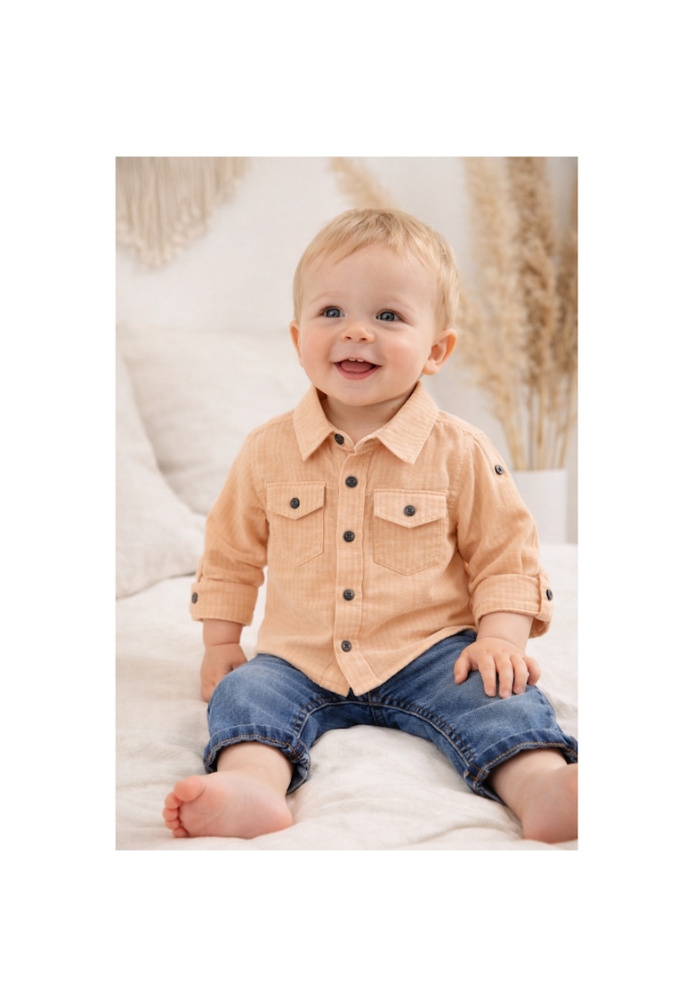 Set bebe baieti camasa maro si blugi compleu copii baiat elegant 2 piese