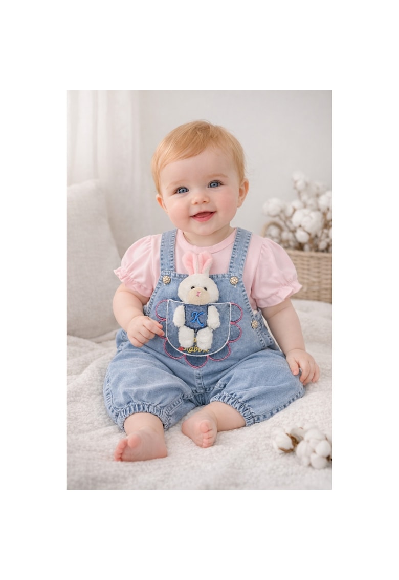 Set bebe fetite salopeta denim cu iepuras si tricou roz - haine bebelusi