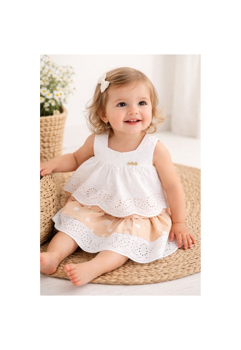 Set elegant fetite bluza brodata si fusta bej buline compleu copii