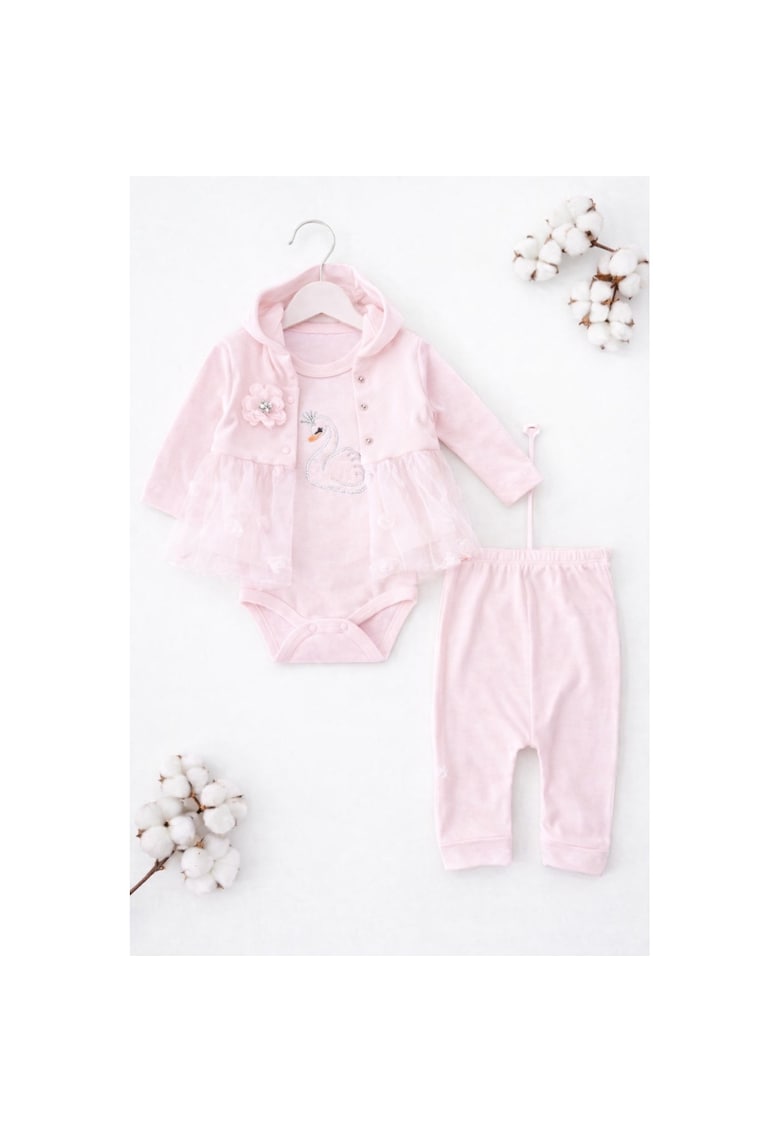 Set bebe fetite 3 piese roz cu lebada - body pantaloni si jacheta