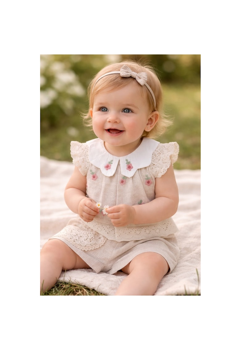 Set elegant fetite din in bluza brodata si pantaloni scurti compleu copii