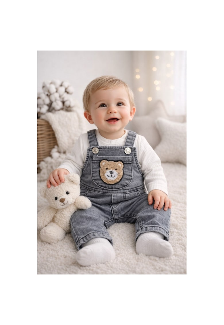 Set bebe baieti salopeta denim gri cu ursulet si bluza cu maneca lunga haine bebe