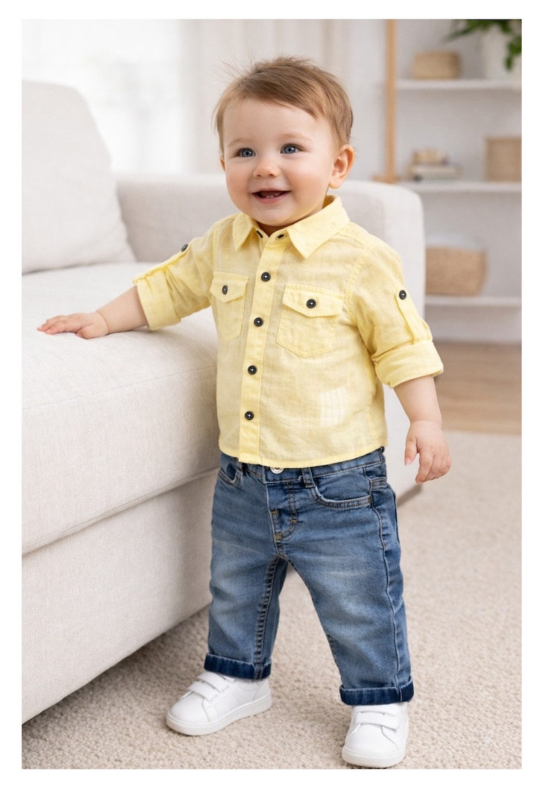 Set bebe baieti 2 piese camasa galbena si blugi compleu copii baiat elegant