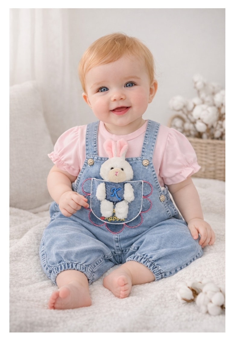 Set bebe fetite salopeta denim cu iepuras si tricou roz - haine bebelusi