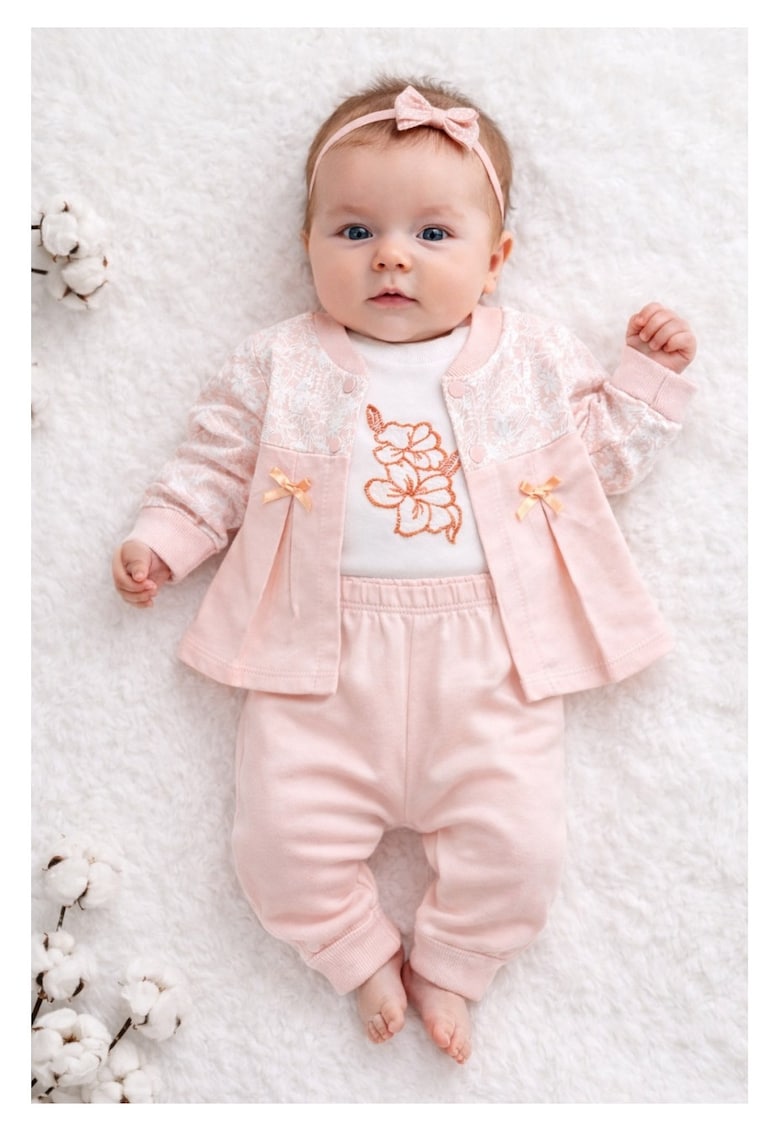 Set bebe fetite 3 piese roz cu body si pantaloni - haine nou nascut elegante
