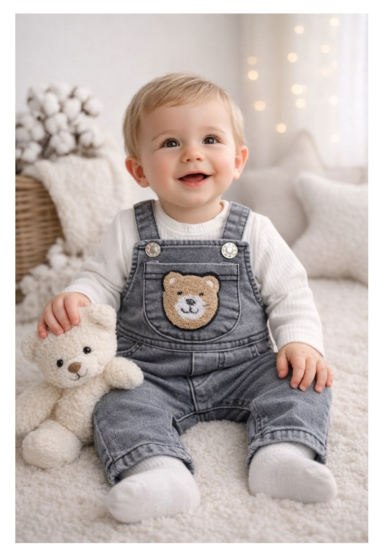 Set baieti - salopeta denim cu ursulet - bluza cu maneca lunga - 69875 - Gri