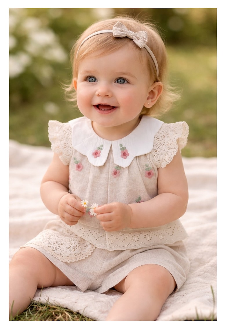 Set elegant fetite din in bluza brodata si pantaloni scurti compleu copii