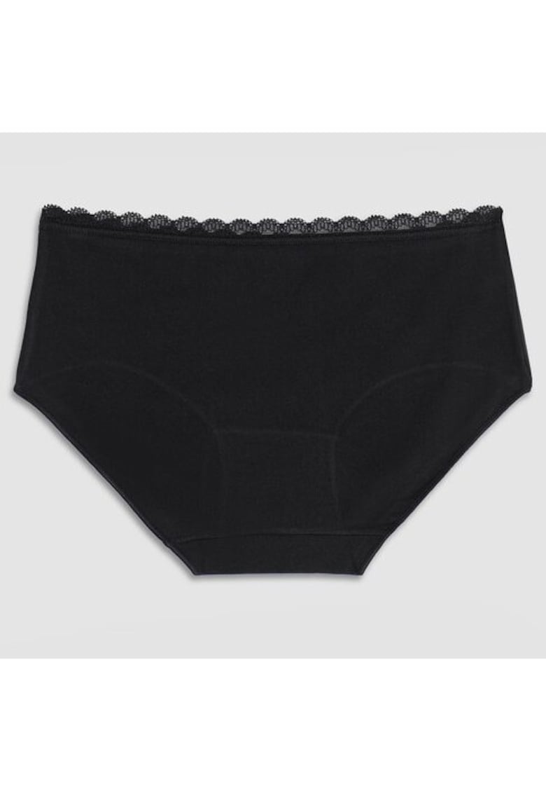 Set 3 perechi chiloti clasici bumbac cu talia medie si dantela GD293 0003 - Negru