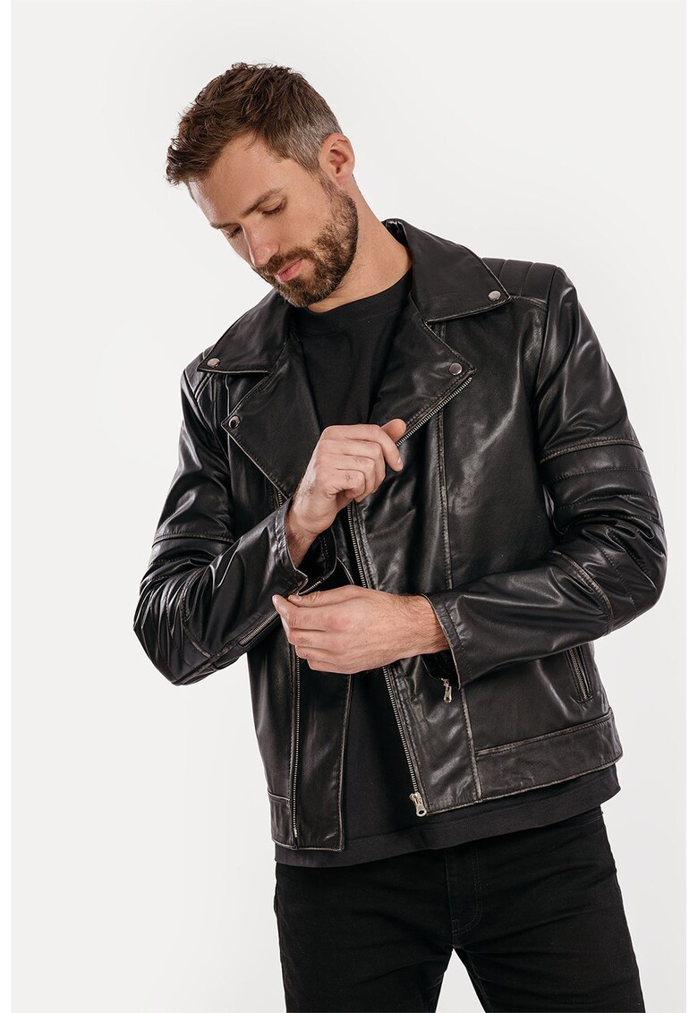 Jacheta biker de piele Vintage - Negru