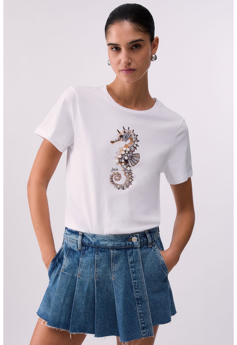 Tricou regular-fit cu aplicatie cu margele - Maro nisip