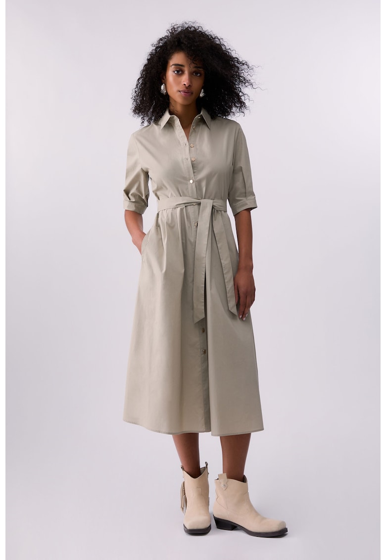 Rochie-camasa midi de poplin cu cordon in talie - Gri