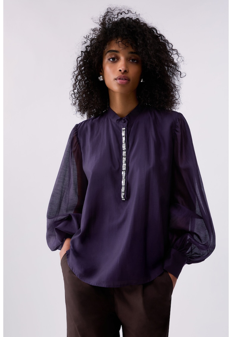 Bluza din amestec de lyocell cu bijuterie brodata - Violet aubergine
