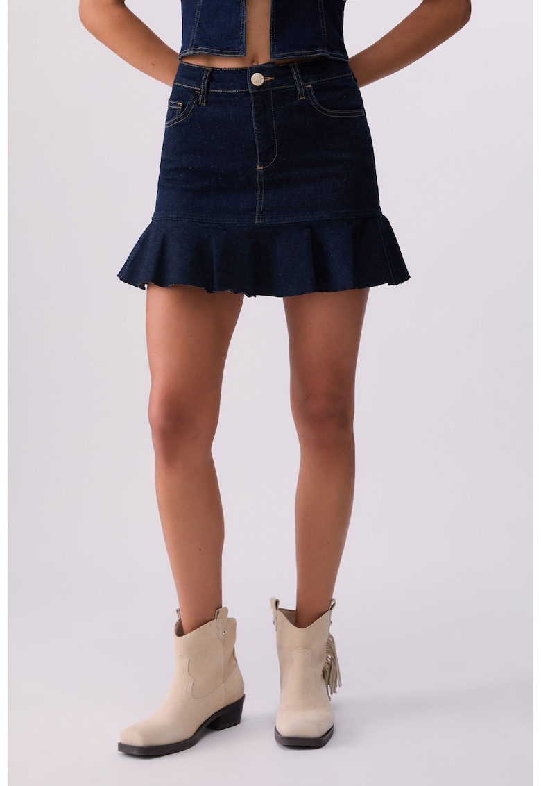 Fusta mini din denim cu terminatie cu volane - Albastru inchis