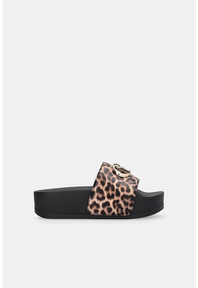 Papuci flatform cu animal print - Negru/Maro