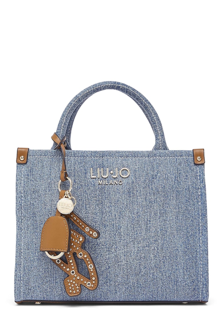 Geanta de denim cu bareta de umar si logo - Albastru deschis