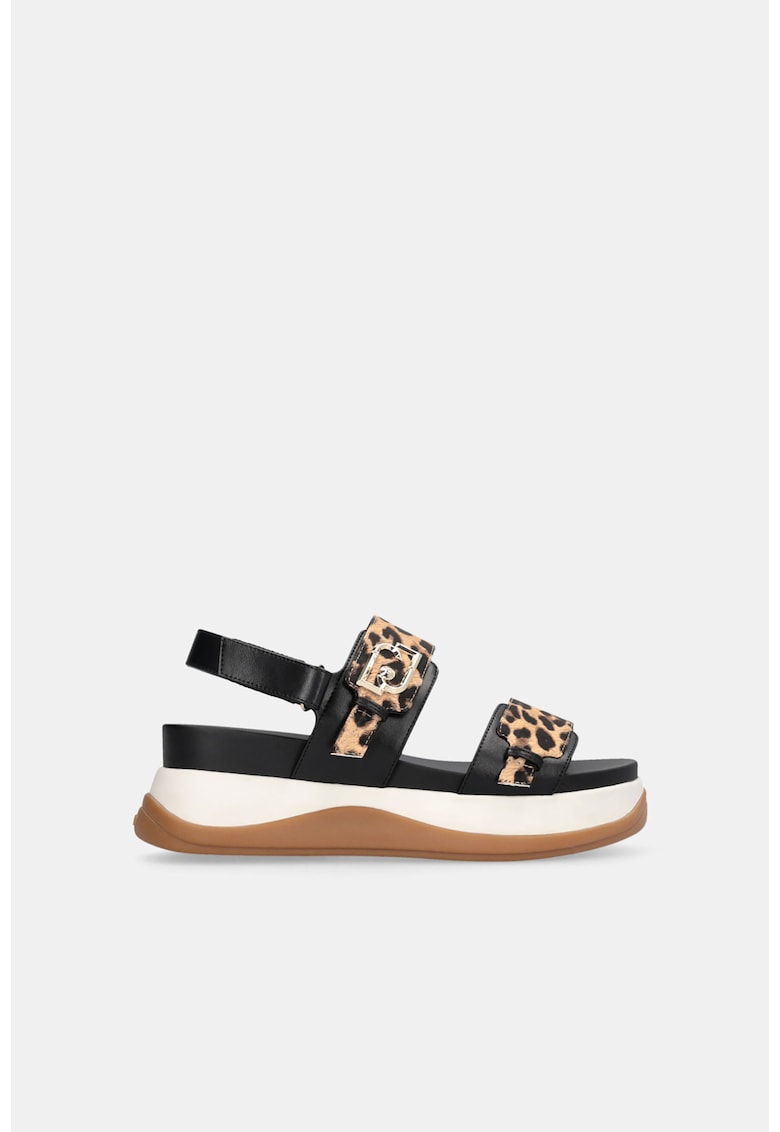 Sandale wedge cu animal print - Negru/Maro