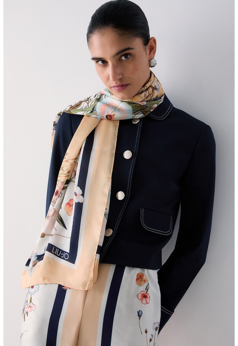 Esarfa cu model floral si imprimeu logo - Alb/Bej deschis/Bleumarin