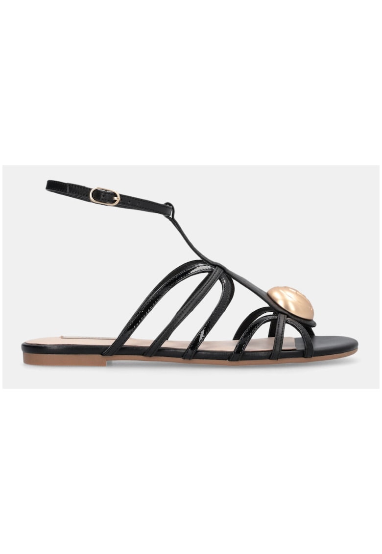 Sandale din piele cu talpa plata si barete multiple - Negru