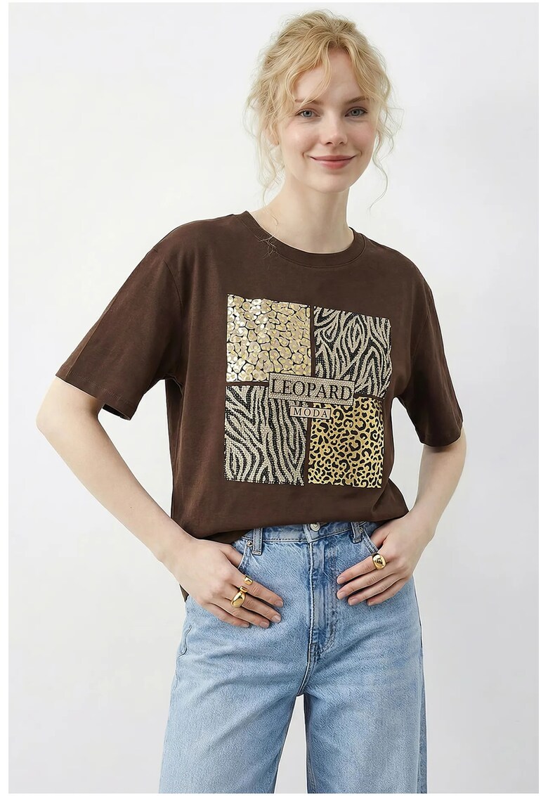 Tricou dama - imprimeu leopard - maro/auriu - bumbac-elastan