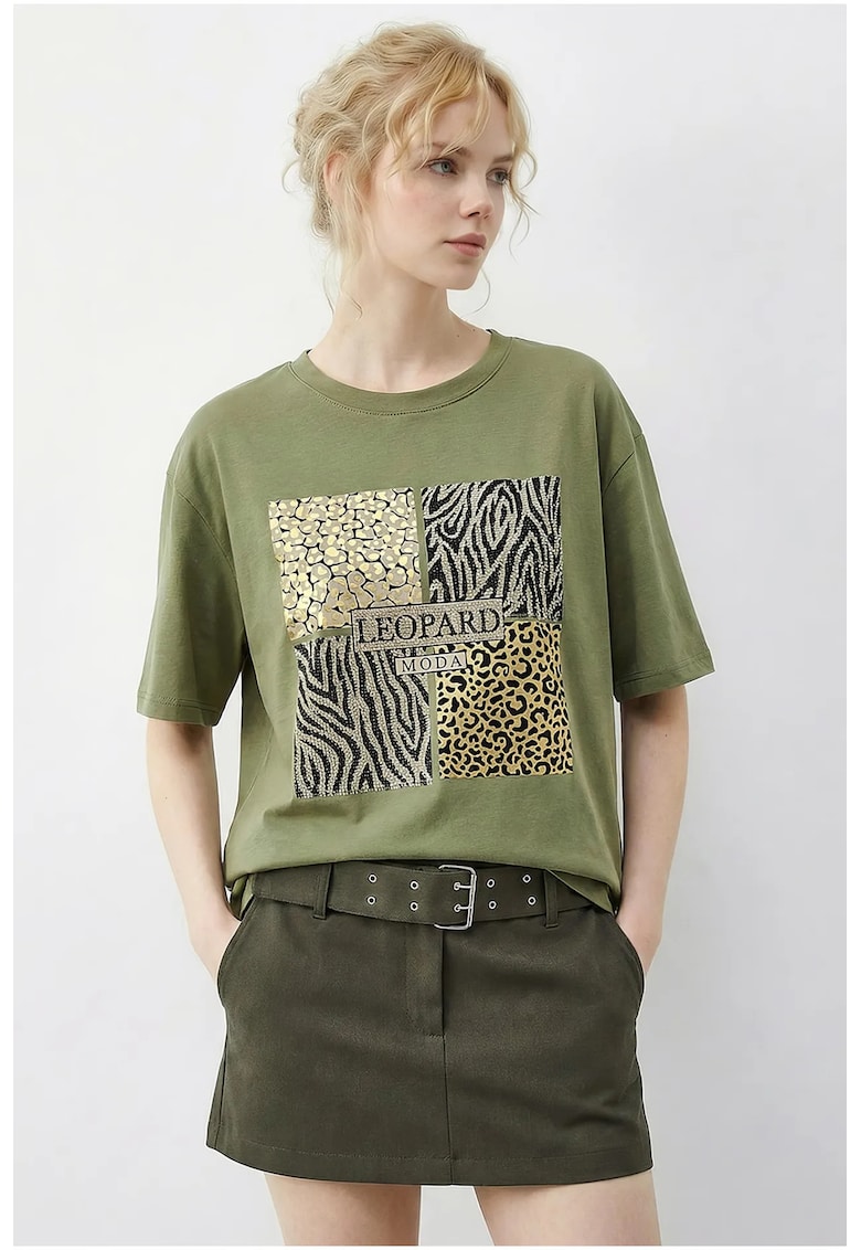 Tricou dama imprimeu leopard - paiete - multicolor - bumbac-elastan
