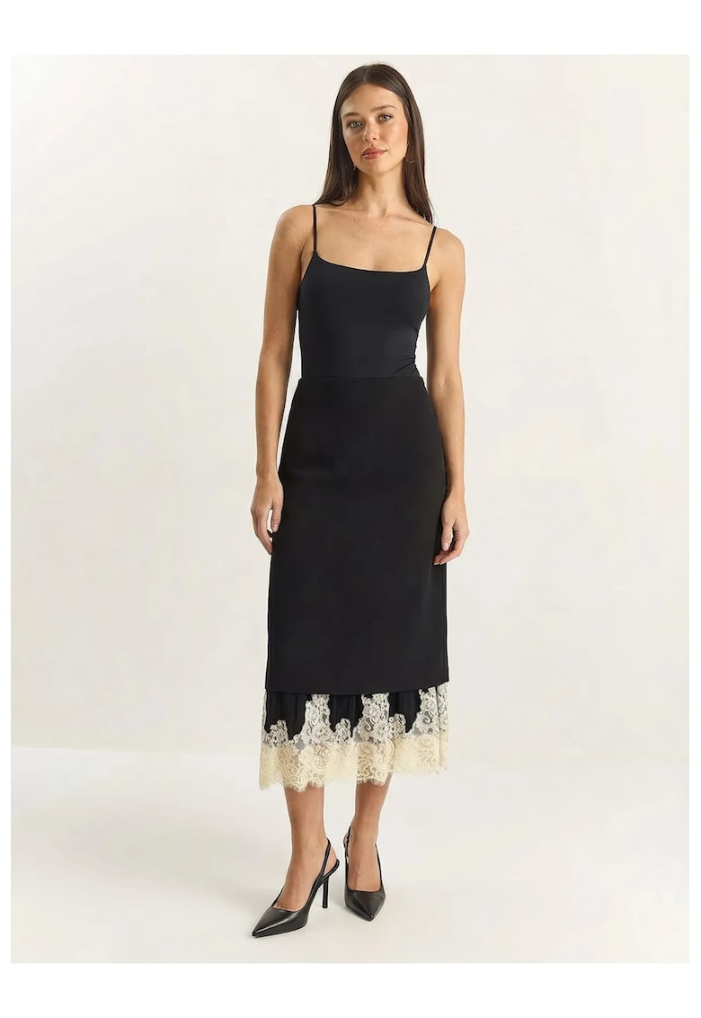 Fusta midi cu talie inalta - dantela - neagra - material textil