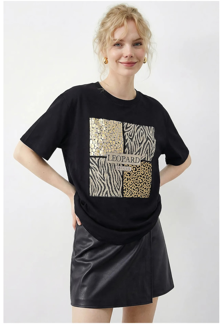 Tricou dama - imprimeu leopard - negru/auriu - bumbac-elastan