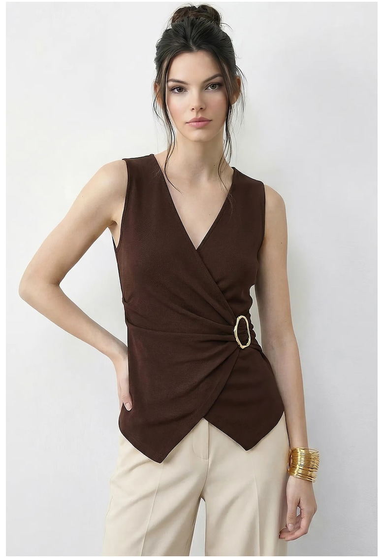 Top infasurat dama - decolteu in V - maro - textil