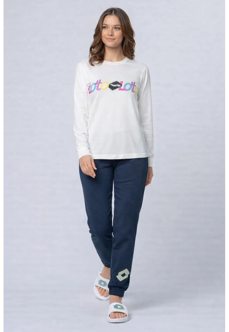 Pijama din bumbac cu decolteu rotund - Alb