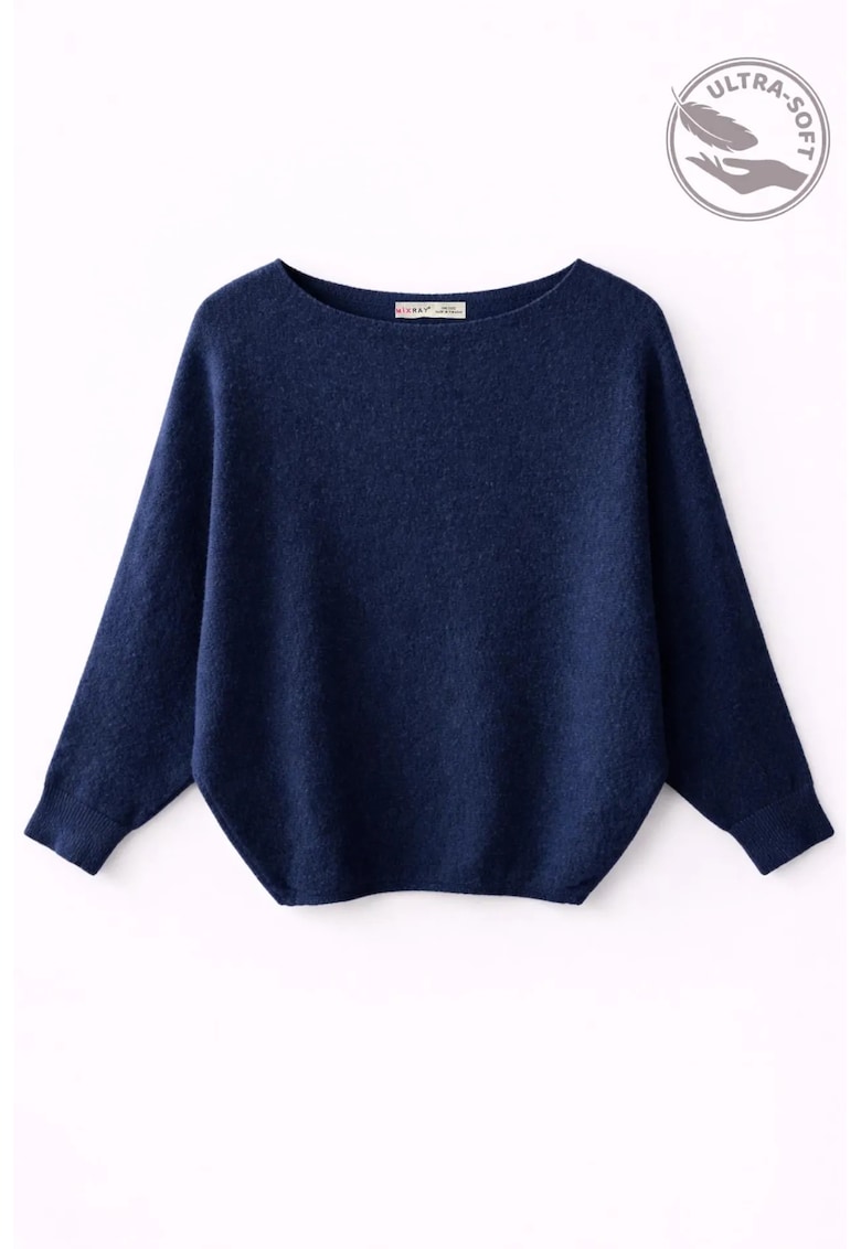 Pulover dama - supradimensionat - bleumarin - tricotat cu guler barca -