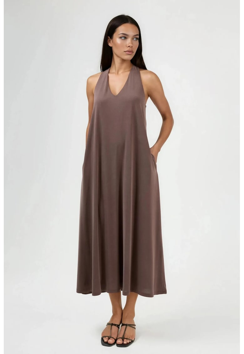 Rochie Maxi dama decolteu in V - drapaj - maro - modal/poliester