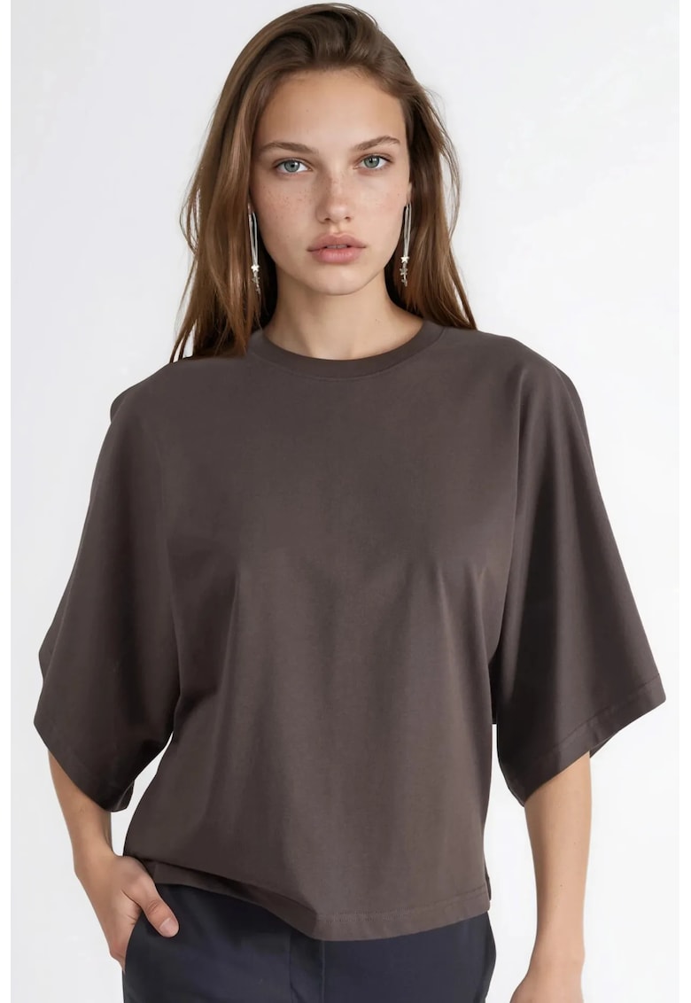 Tricou dama bumbac - maro - guler rotund